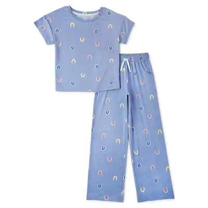 Wonder Nation Girls Short Sleeve Long Wide Leg Pajama Set-Blue-Medium(7/8)-NWT - Picture 1 of 2