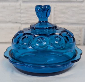 LE Smith Moon & Stars Teal Blue Covered Butter Dish 7.5" x 4" Vintage Glass - Picture 1 of 14