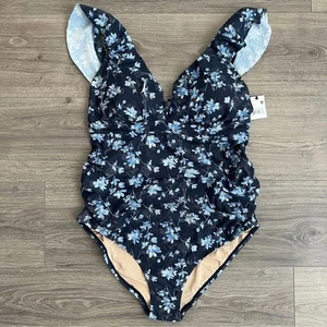 A Pea in the Pod One Piece Swimsuit Maternity Medium Blue Floral Ruffle Boho NWT - Picture 1 of 12