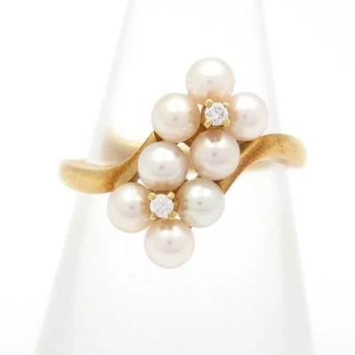 Auténtico anillo de perlas de diamantes crema de oro amarillo de 18 quilates mikimoto #5 3/4 Foto 1 de 4