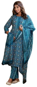 Conjunto Dupatta Pantalón Recto Kurta Mezcla Algodón Estampado Regular Yashika - Elegante... - Imagen 1 de 4