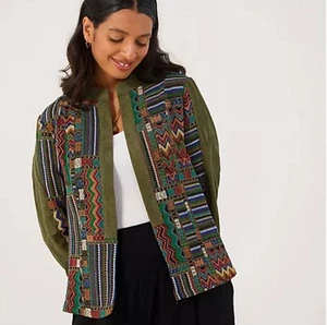 Isabel London Khaki Multi colour Open Front Embroidery Patchwork Jacket Size 14 - Picture 1 of 15