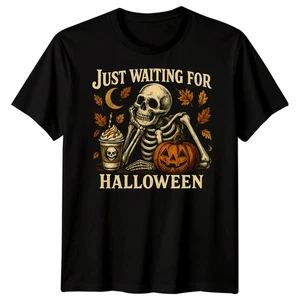 Just Waiting For Halloween Skeleton Halloween Mens Womens Graphic Tee - Picture 1 of 36