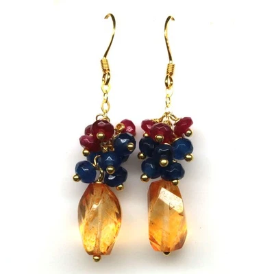 Gift For Her 925 Sterling Silver Azoric Orange Topaz, Sapphire & Ruby Earrings - Image 1 of 4
