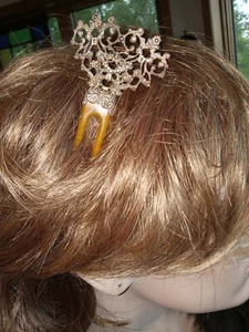 ANTIQUE ORNATE OPEN WORK STERLING & 2 PRONG RESIN HAIRPIN, 2 X 4 3/5" - Picture 1 of 6