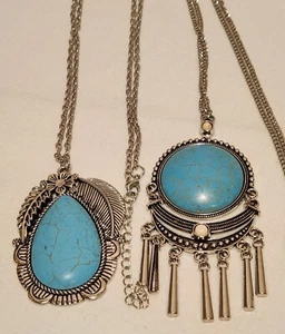 2 Collane Fashion Statement Donna Finto Turchioso Catena Argento - Foto 1 di 3