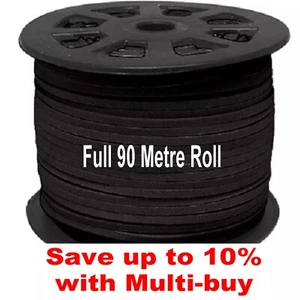 90 Meter Rolle schwarz 3 mm x 1,4 mm Kunstleder Kordel Riemen - UK Verkäufer - Bild 1 von 1
