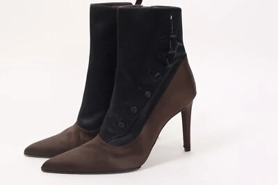 Calvin Klein Brown Black Satin Button Pointed Toe Ankle Boots Booties Size 7 M - Imagem 1 de 4