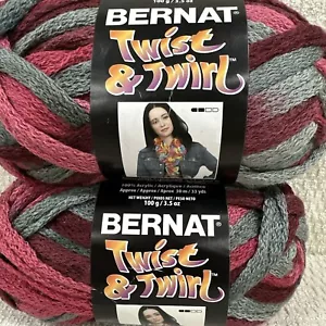 (2) 3.5oz Bernat Twist & Twirl Ribbon Yarn 23430 MISTY MERLOT Pink Grey Med 4 - Picture 1 of 6
