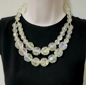 Halskette zweistufig klobig klar Kristallschliff Perlen AB irisierend goldfarben umschaltbar  - Bild 1 von 4