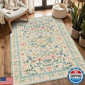 Rugxara Blumenteppich für Wohnzimmer Schlafzimmer, 3x5 waschbarer Vorleger, grün Vintage - Bild 1 von 5