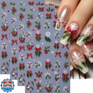 4 Blatt Grün Weihnachten Nail Art Aufkleber 5D Micro Relief Stechpalme Blatt Schleife Nai - Bild 1 von 5