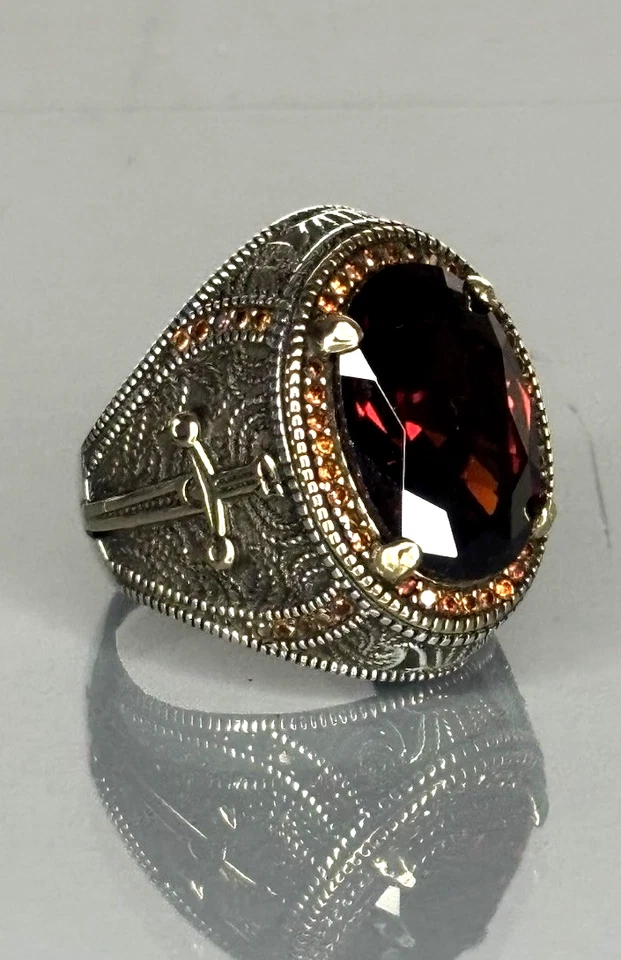 Anel masculino de prata esterlina 925 rubi: design de espada vintage, joias artesanais - Imagem 1 de 4