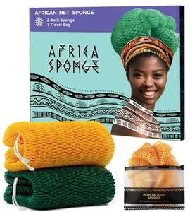 Exfoliating Afro Scrub Sponges 2-Piece Set for Shower & Bath - Yellow & Green - Picture 1 of 6