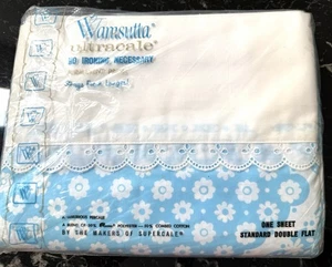Vintage Wamsutta Blue White Daisy Lace Standard Double Flat Sheet 81x104 No Iron - Picture 1 of 10