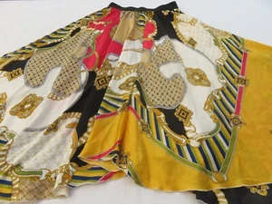 GOLD BUCKLES & BELTS SCARF STYLE TWILRLING FULL CIRCLE SILKY SATIN SKIRT  UK 8 - Picture 1 of 13