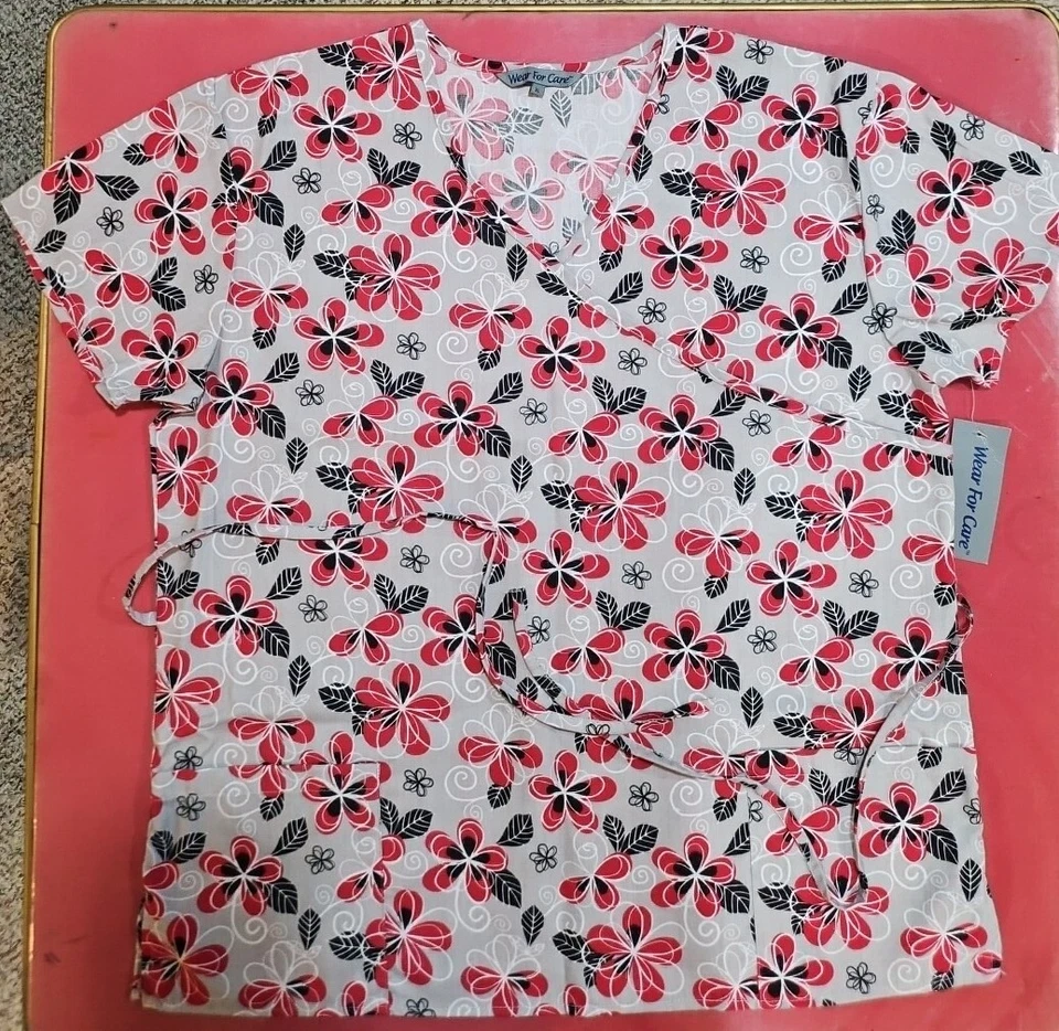 Medical Uniform Scrubs Womens Top Red Floral Grey Wrap Pockets wear all sizes - Image 1 of 1