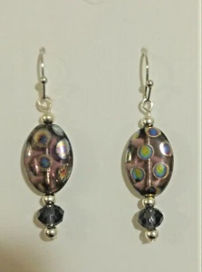 Earrings Dangle Peacock Czech Glass Amethyst Crystal Silver Wires Handmade GIFT - Picture 1 of 4
