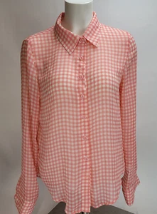 Living Doll Blouse Roll Tab Bright Orange Checked Sheer Button Down Womens M - Picture 1 of 10