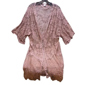 Lace Kimono Womens Extra Large Duster Open Front Embroidered Cover Dusty Rose - Picture 1 of 8