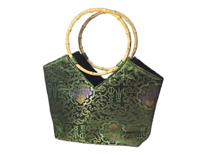 Oriental Floral Satchel Handbag Purse Bamboo Wooden Handles New Without Tag - Picture 1 of 4