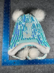 Justice J Beanie Toque Youth Girls OS Blue Knit Acrylic Polyester Sequin Poms - Picture 1 of 9