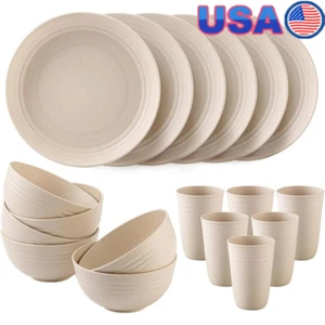 18 Pcs Unbreakable Wheat Straw Dinnerware Set Microwave Safe Camping Kitchen Use - Picture 1 of 8