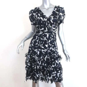 Oscar de la Renta Pleated Dress Navy Printed Ruffled Chiffon Size 6 Short Sleeve - Picture 1 of 7