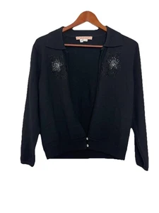 Lisa Ho Women's Medium Black Wool Sweater Collared Floral Embellished Vintage  - Picture 1 of 6