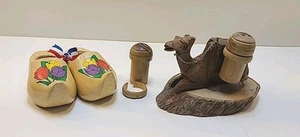 Vintage Carved Wood Camel w Wood Salt & Pepper Shaker And Miniature Dutch Shoes - Picture 1 of 22