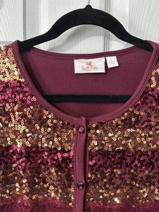 Quacker Factory Sequin Cardigan Size L  Burgundy Gold Striped Lace - Picture 1 of 8