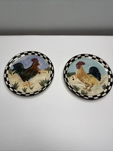 Farmhouse Rooster Decorative Plates - Set of 2 - Hand-painted w/ Checkered Trim - Picture 1 of 4