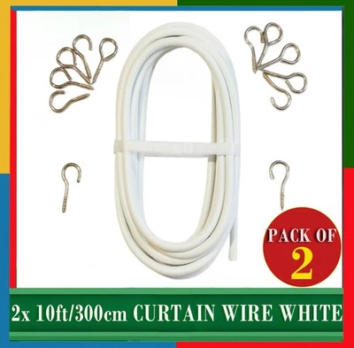 2x 10ft/300 cm CURTAIN WIRE WHITE WINDOW NET CORD CABLE WITH 4  HOOKS AND EYES - Image 1 of 4