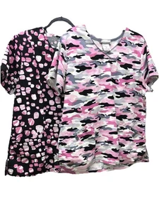 ScrubStar Tops Lot of 2 Women’s M Camo Leopard Short Sleeve Nurse Tech Uniform - Picture 1 of 15