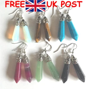 REAL GEMSTONE HEXAGONAL LONG POINT DROP EARRINGS (HEALING, REIKI, CHAKRA) - Picture 1 of 4