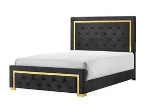Glam 1pc Queen Size Panel Bed Gold-Colored Accents Black Bedroom Furniture - Picture 1 of 4