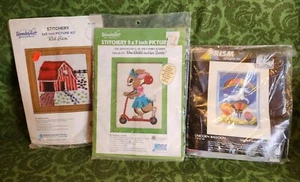 3 VINTAGE NIP CREWEL Kits. Rabbit on scooter- Barn- Hot air Balloon Unicorn - Picture 1 of 2