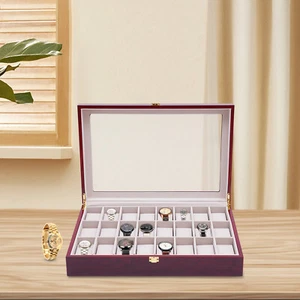 24 Slot Wooden Watch Box Display Case Glass Top Jewelry Storage Organizer & Lock - Picture 1 of 18