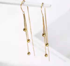 Women Threader Gold Balls Pull Though Earrings Stainless Steel Fashion Drop PE9 - Picture 1 of 6