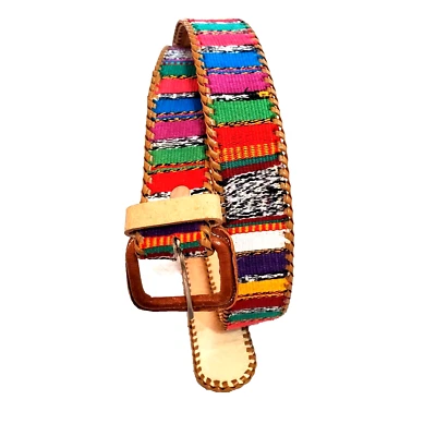 Cinturón de cuero y bordado multicolor tejido a mano peruano vintage Foto 1 de 4