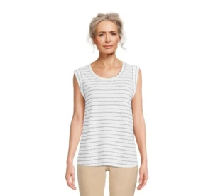 Time and Tru Women's Roll Cuff Top Size M 8-10 Vivid White Stripes - Picture 1 of 6