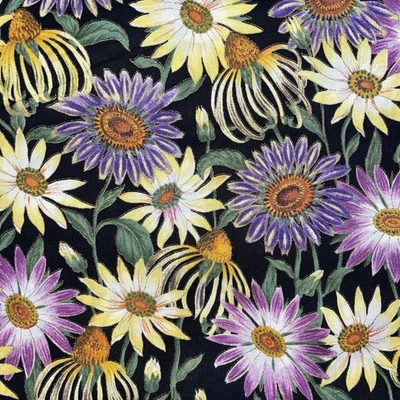 Stunning Hoffman Prairie Flowers Style A614 Cotton Floral Purple/Yellow/Black 1y - Image 1 of 3