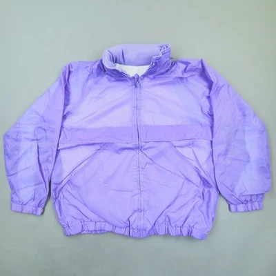 Vintage 80s Nylon Windbreaker Bomber Jacket Sz L Purple Full Zip Tuck Away Hood - Image 1 of 4