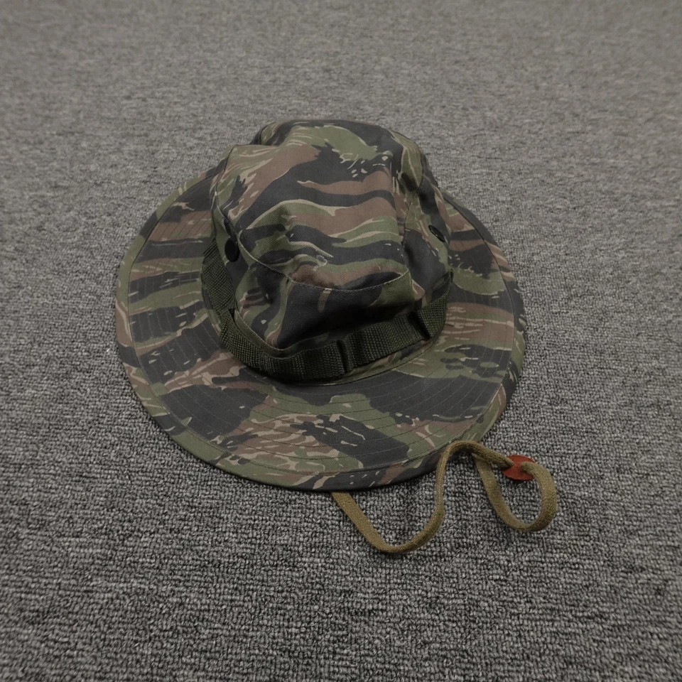 Military Tiger Stripe Camo Hat Boonie Fitted Mens 7 1/2 Green Chin Strap - Image 1 of 4
