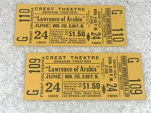 LAWRENCE OF ARABIA 2 UNUSED 1963 ORIGINAL CREST THEATER TICKETS Peter O'Tool - Picture 1 of 7