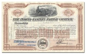 Peoria and Eastern Railway Company Stock Certificate - Picture 1 of 2