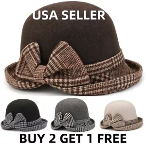 Retro Women Wool Felt Bucket Cap Ladies Bowtie Cloche Church Bowler Hat Winter - Picture 1 of 12