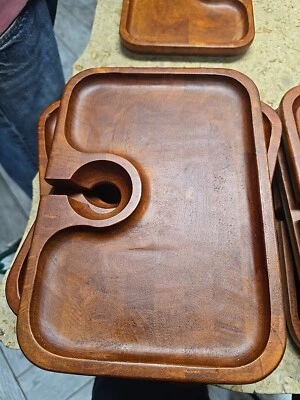 Set of 8 Teak Wood Cocktail Individual Appetizer Wine & Dine Trays - Image 1 of 4