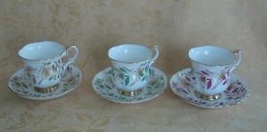 3 Sets Crown Staffordshire England Bone China Cups & Saucers Floral Gold - Picture 1 of 12