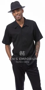 NUEVO Conjunto de 2 piezas para hombre Montique traje de ocio para caminar SS textura de lino liso negro EE. UU. - Imagen 1 de 2